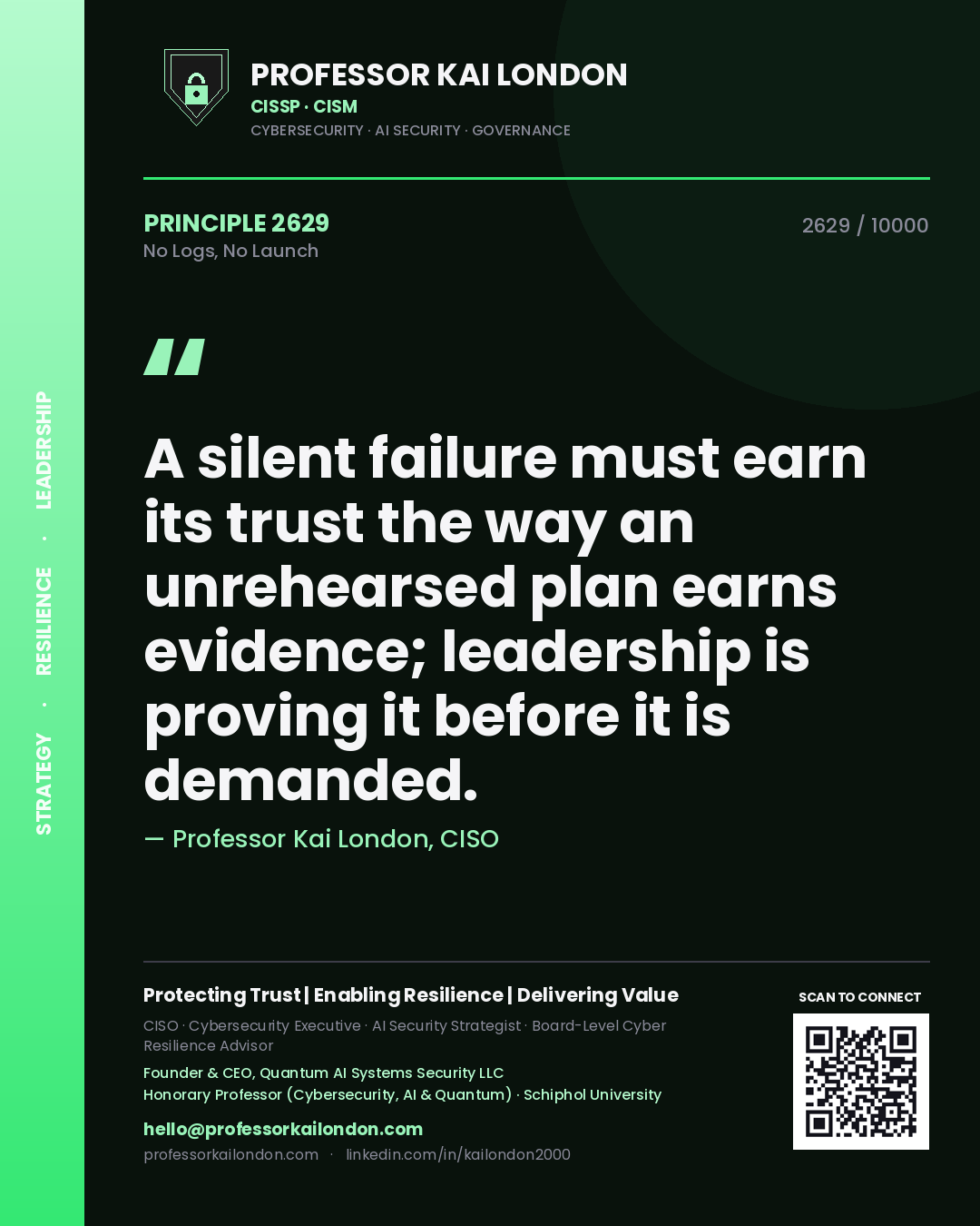 Professor Kai London principle 2629: A silent failure must earn its trust the way an unrehearsed plan earns evidence; leadership is proving it before it is demanded.