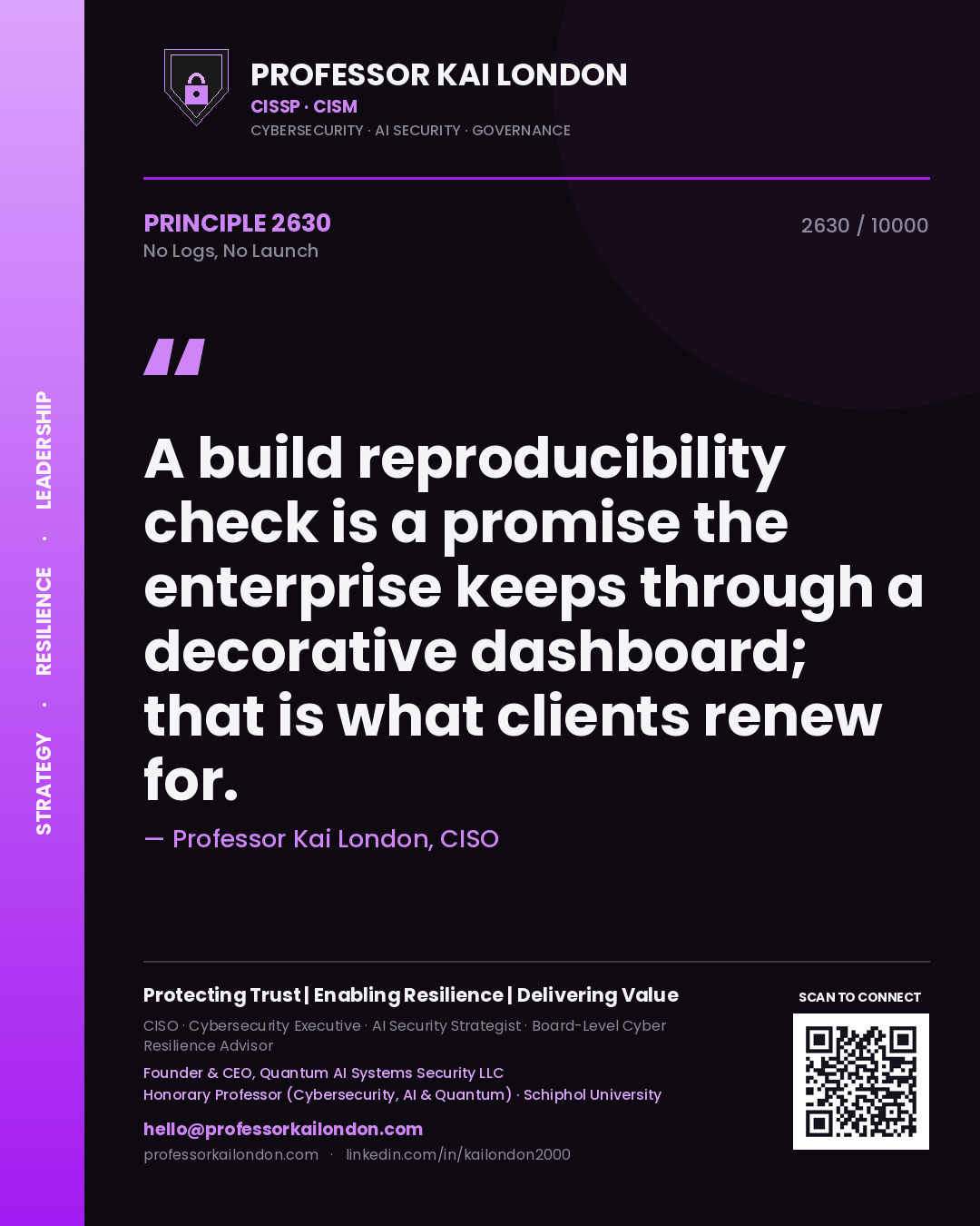 Professor Kai London principle 2630: A build reproducibility check is a promise the enterprise keeps through a decorative dashboard; that is what clients renew for.