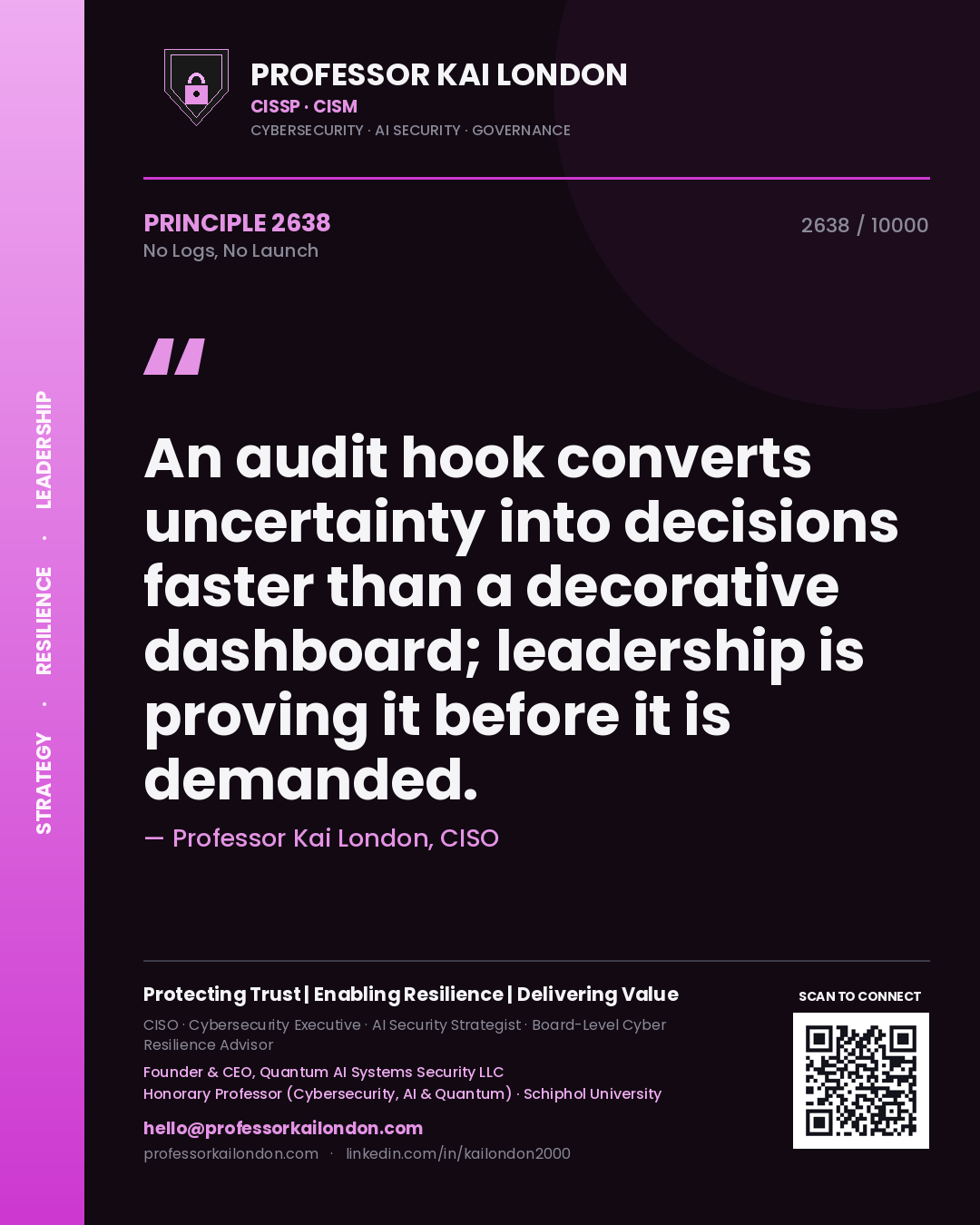 Professor Kai London principle 2638: An audit hook converts uncertainty into decisions faster than a decorative dashboard; leadership is proving it before it is demanded.