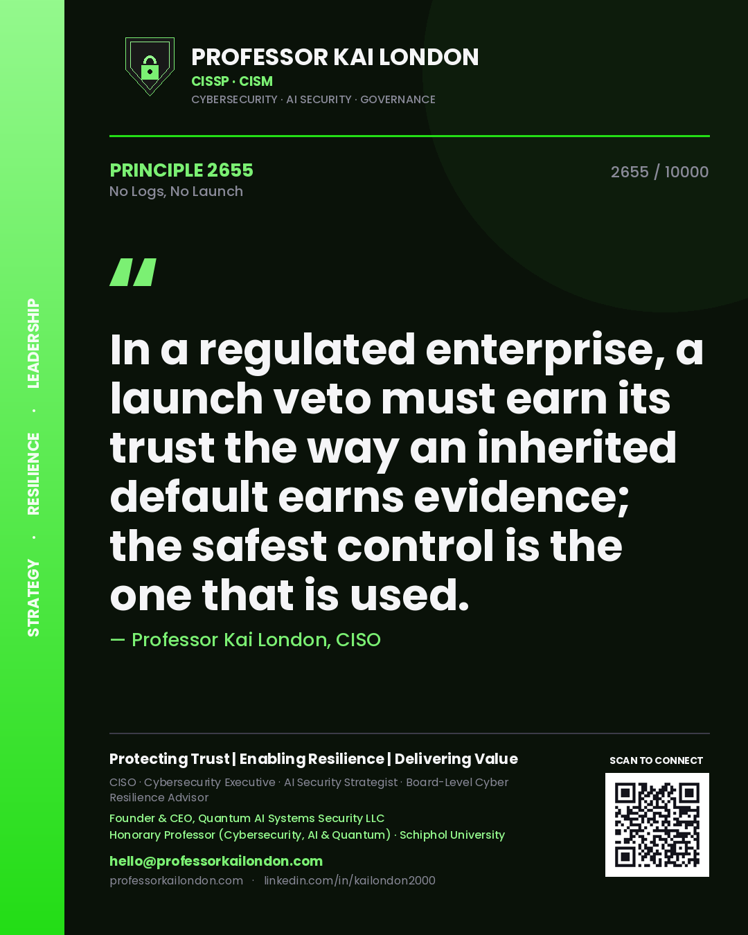 Professor Kai London principle 2655: In a regulated enterprise, a launch veto must earn its trust the way an inherited default earns evidence; the safest control is the one that is used.