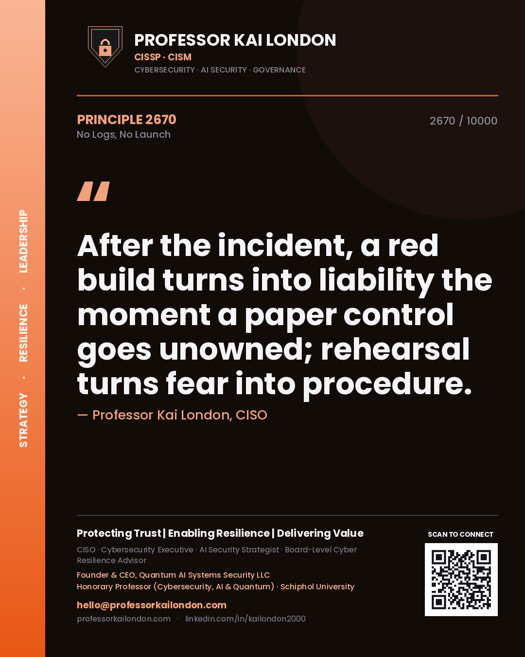 Professor Kai London principle 2670: After the incident, a red build turns into liability the moment a paper control goes unowned; rehearsal turns fear into procedure.
