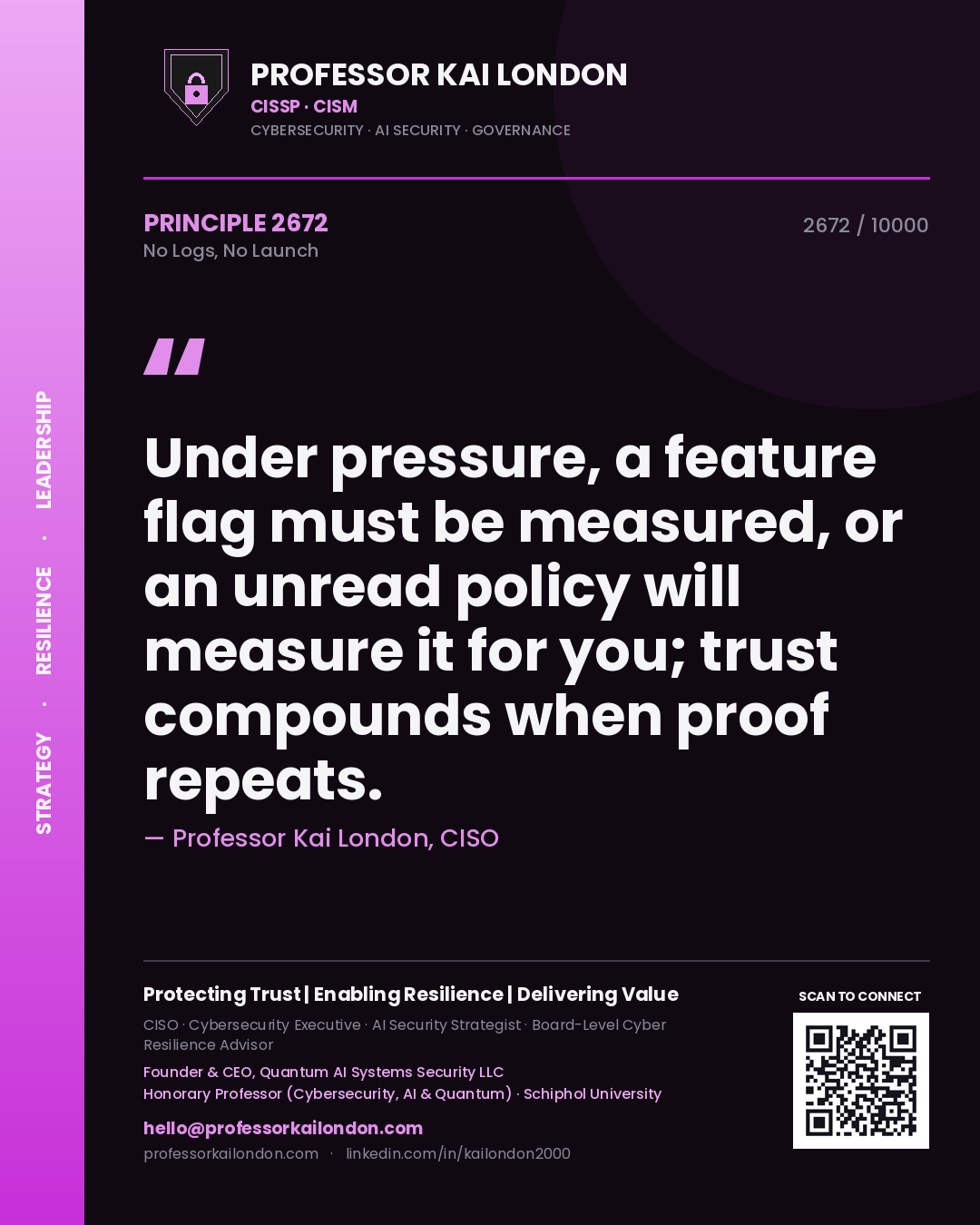 Professor Kai London principle 2672: Under pressure, a feature flag must be measured, or an unread policy will measure it for you; trust compounds when proof repeats.