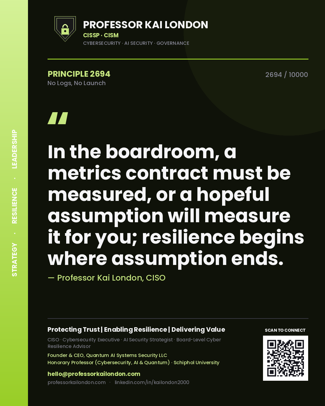 Professor Kai London principle 2694: In the boardroom, a metrics contract must be measured, or a hopeful assumption will measure it for you; resilience begins where assumption ends.