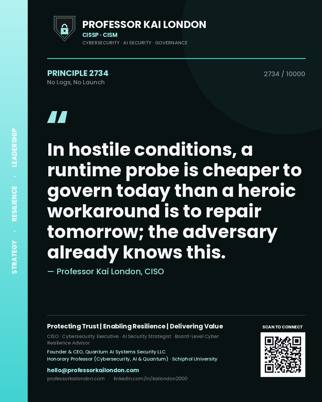 Professor Kai London principle 2734: In hostile conditions, a runtime probe is cheaper to govern today than a heroic workaround is to repair tomorrow; the adversary already knows this.