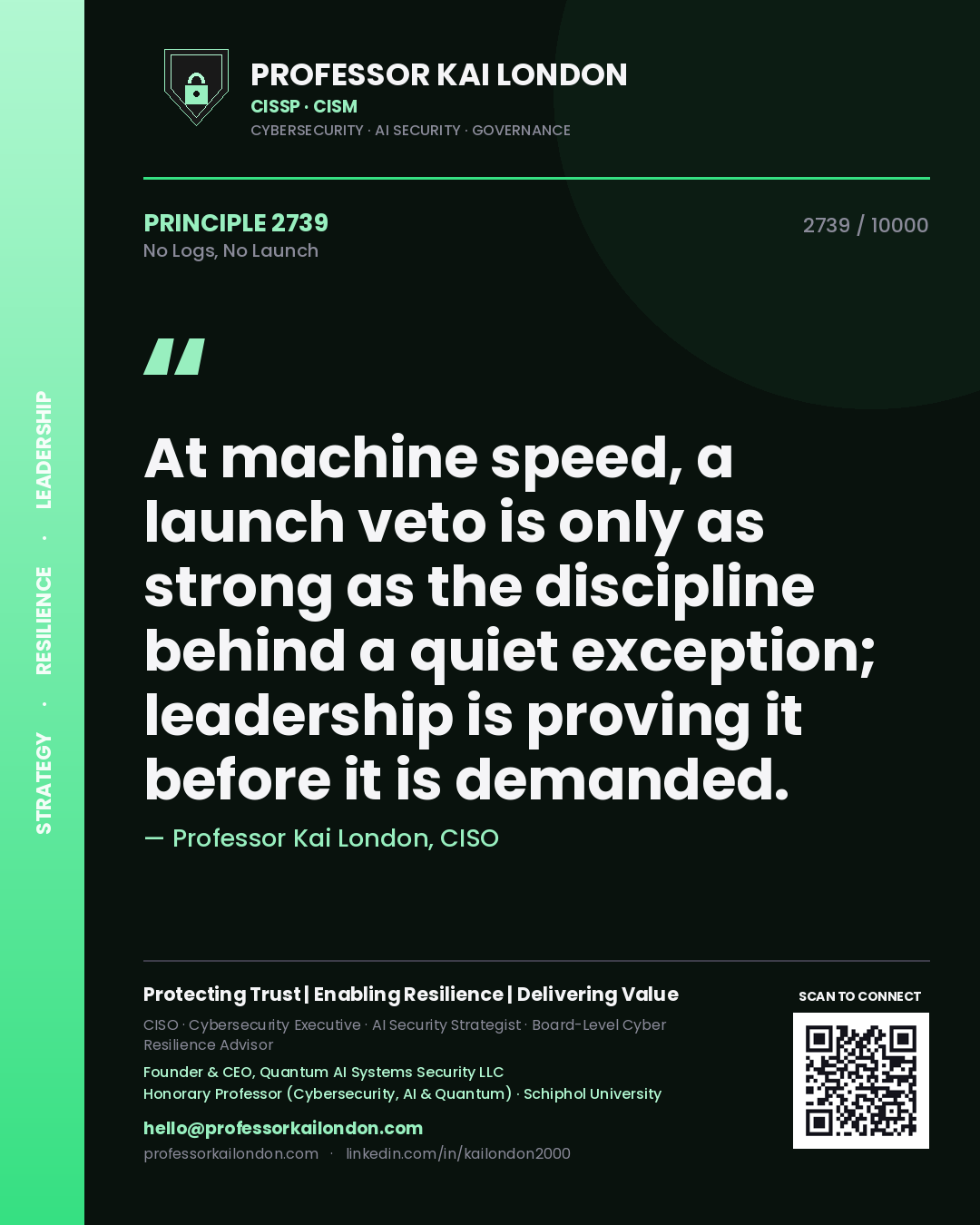Professor Kai London principle 2739: At machine speed, a launch veto is only as strong as the discipline behind a quiet exception; leadership is proving it before it is demanded.