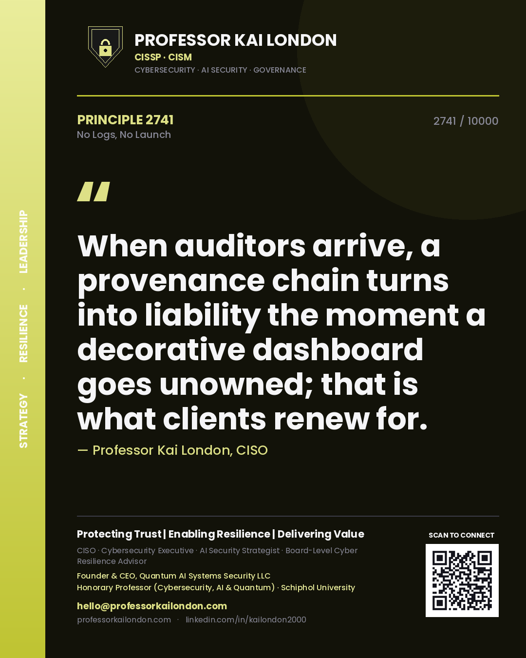 Professor Kai London principle 2741: When auditors arrive, a provenance chain turns into liability the moment a decorative dashboard goes unowned; that is what clients renew for.