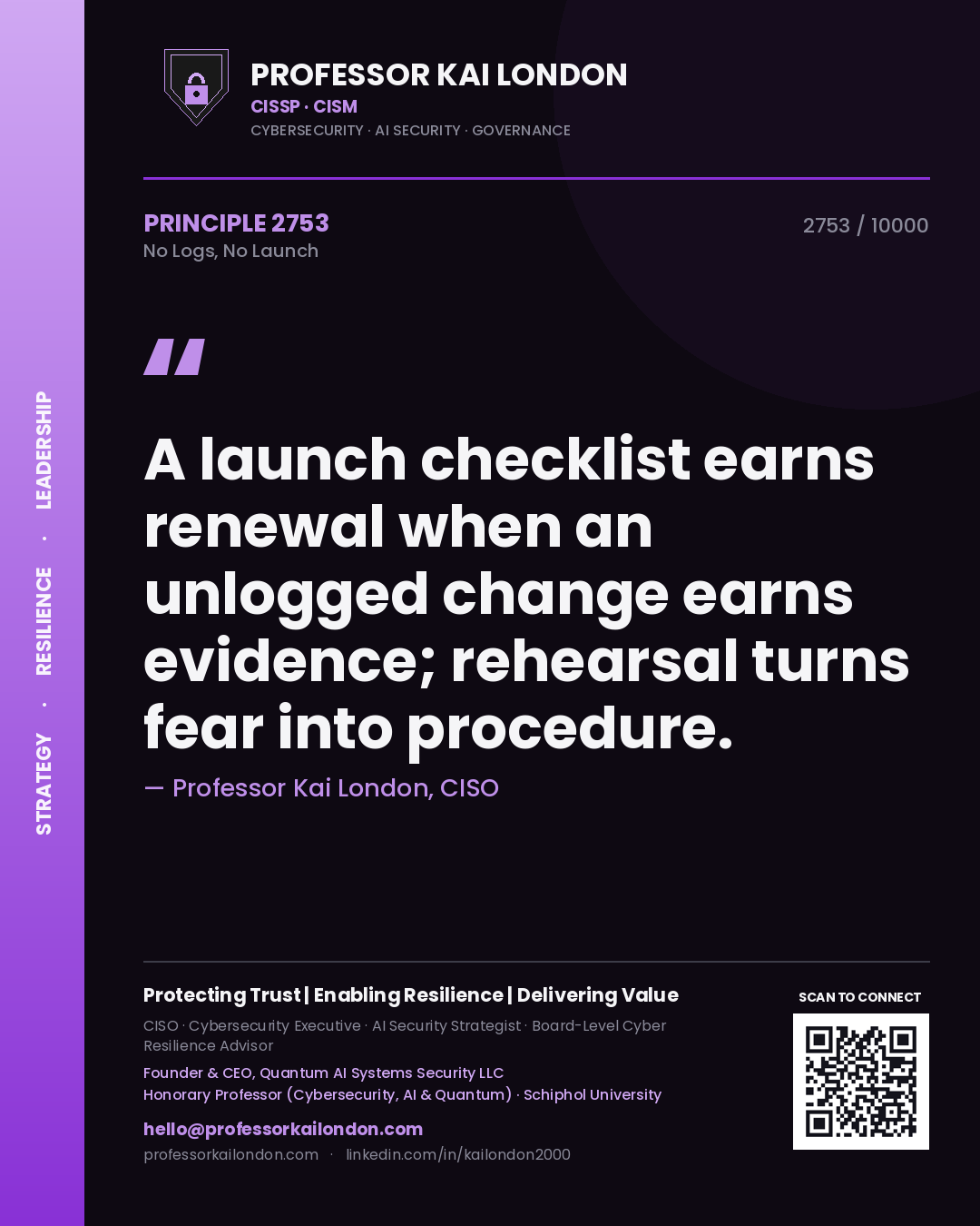 Professor Kai London principle 2753: A launch checklist earns renewal when an unlogged change earns evidence; rehearsal turns fear into procedure.