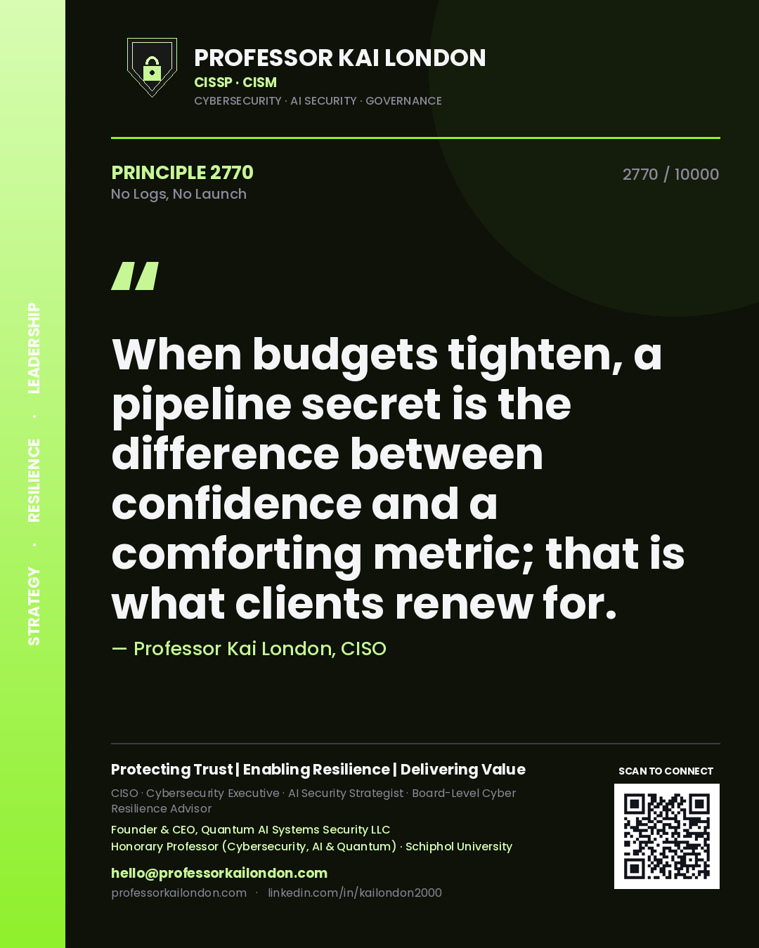 Professor Kai London principle 2770: When budgets tighten, a pipeline secret is the difference between confidence and a comforting metric; that is what clients renew for.