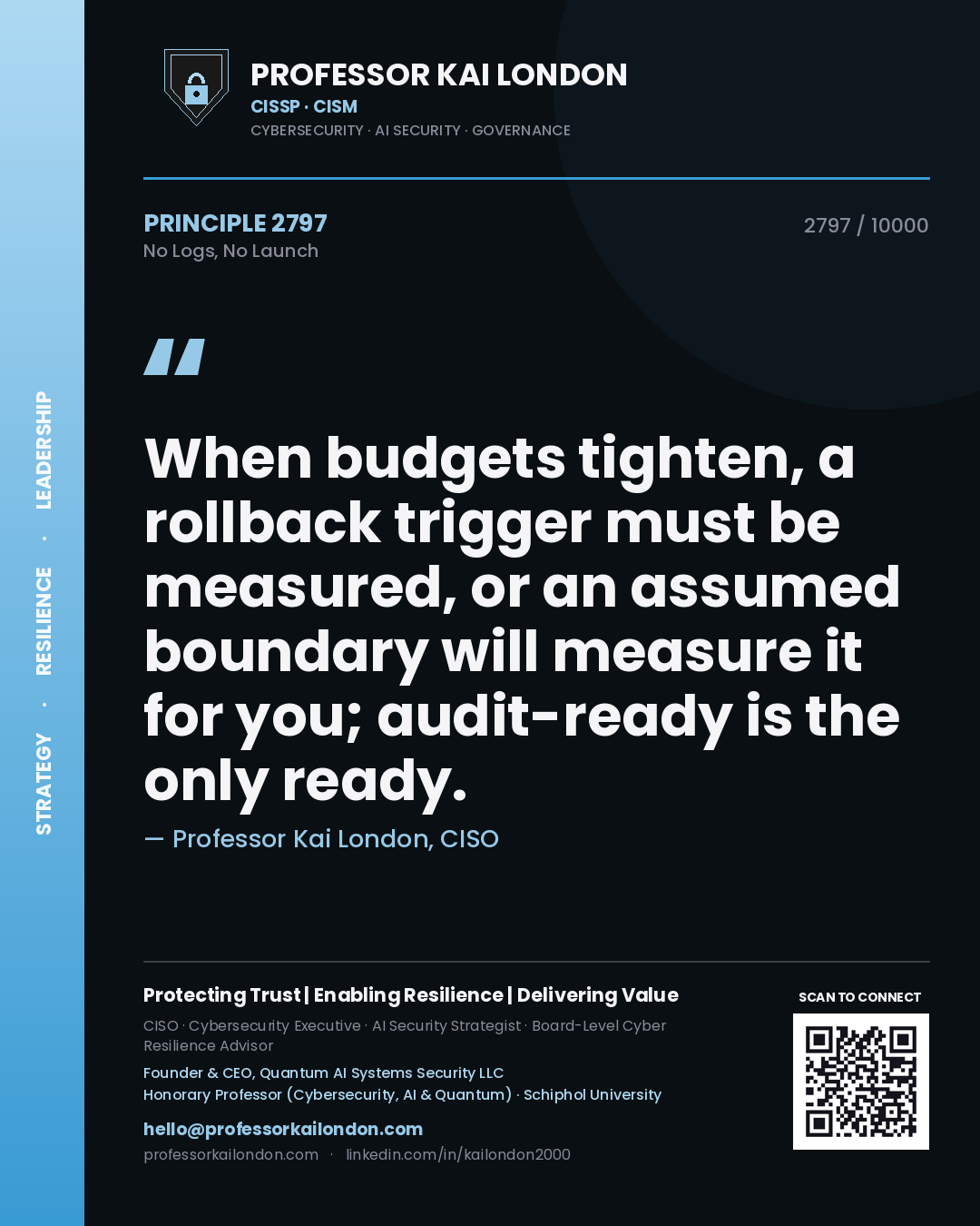 Professor Kai London principle 2797: When budgets tighten, a rollback trigger must be measured, or an assumed boundary will measure it for you; audit-ready is the only ready.