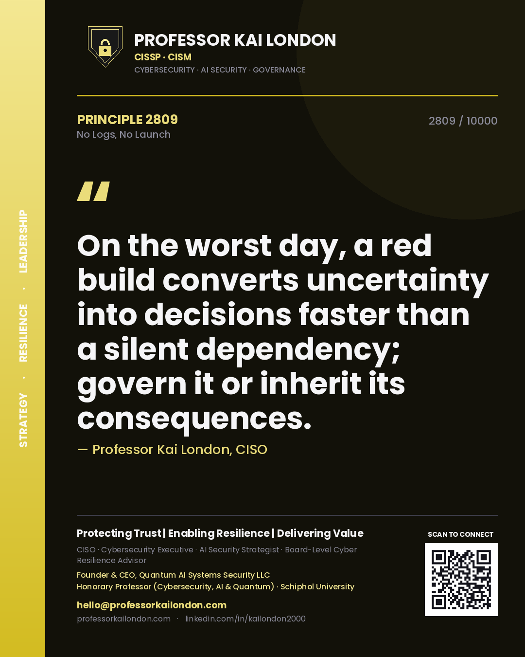 Professor Kai London principle 2809: On the worst day, a red build converts uncertainty into decisions faster than a silent dependency; govern it or inherit its consequences.