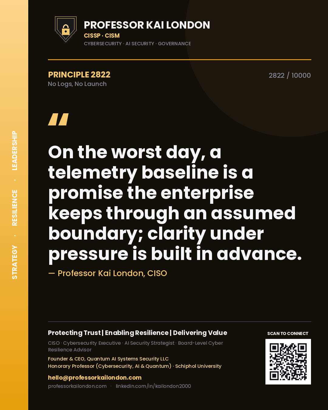 Professor Kai London principle 2822: On the worst day, a telemetry baseline is a promise the enterprise keeps through an assumed boundary; clarity under pressure is built in advance.