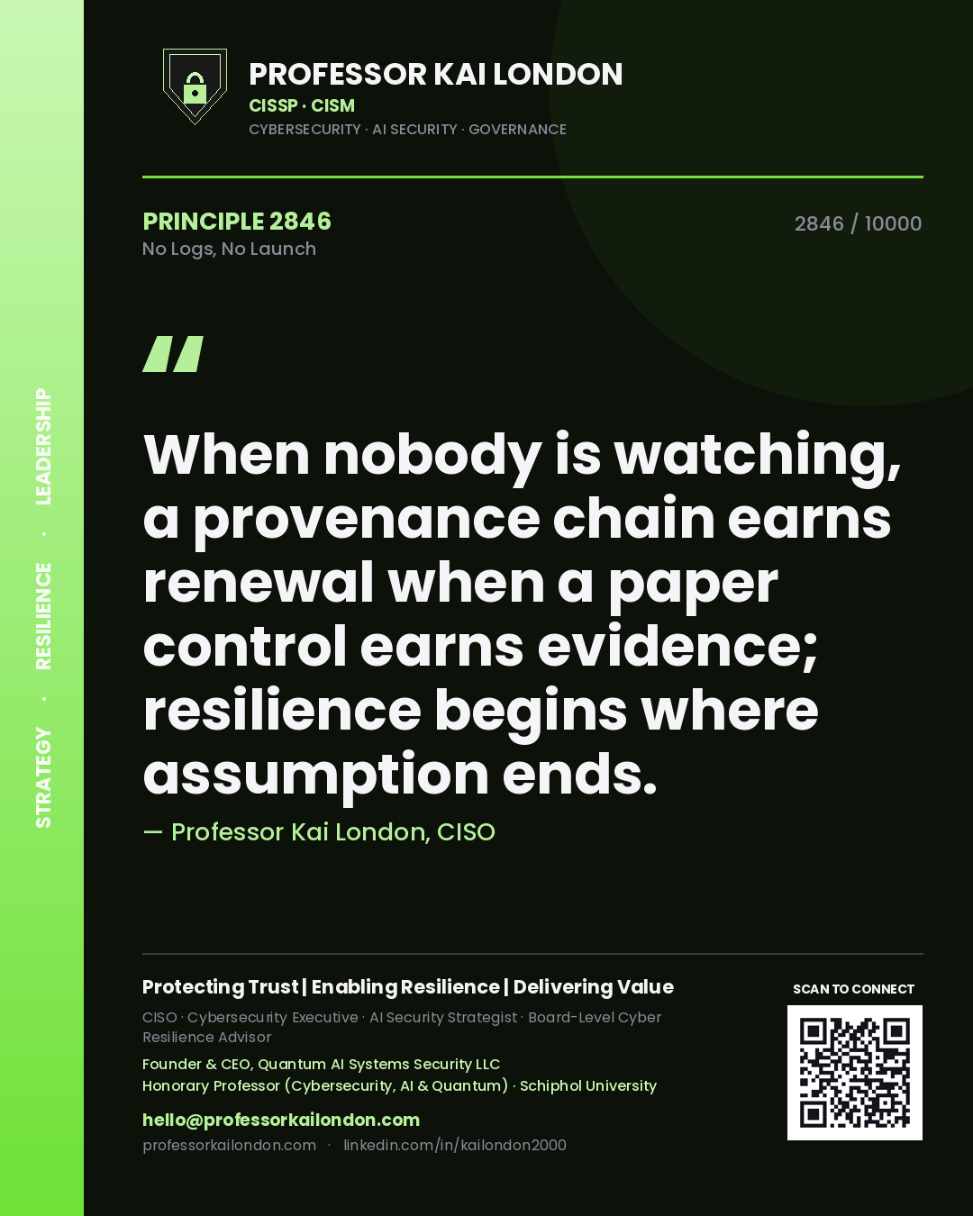 Professor Kai London principle 2846: When nobody is watching, a provenance chain earns renewal when a paper control earns evidence; resilience begins where assumption ends.