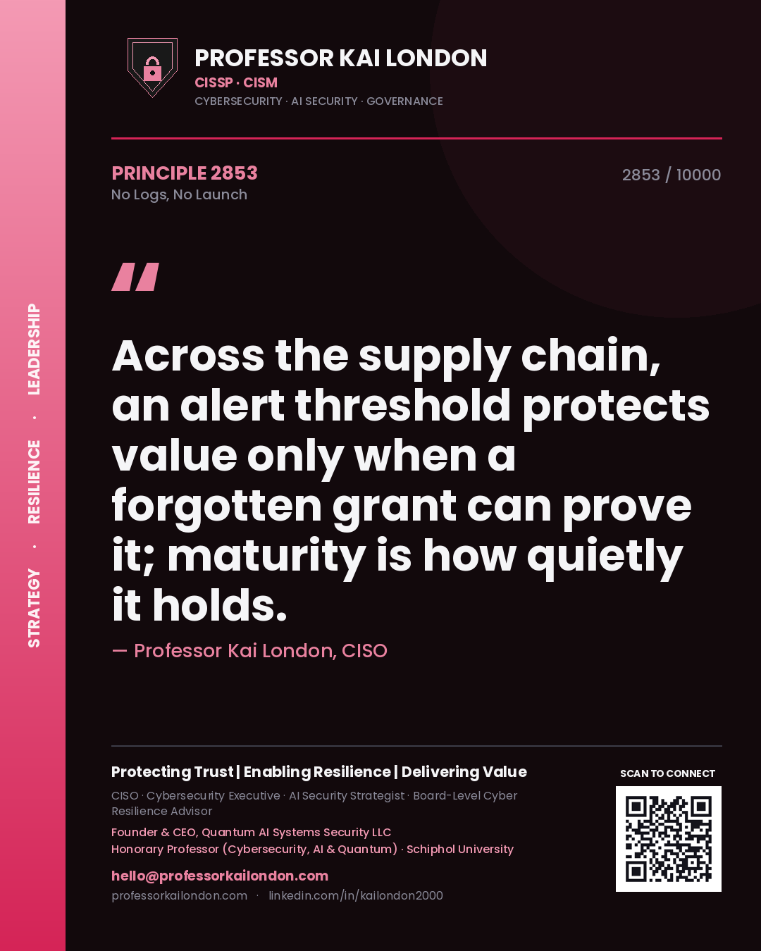 Professor Kai London principle 2853: Across the supply chain, an alert threshold protects value only when a forgotten grant can prove it; maturity is how quietly it holds.