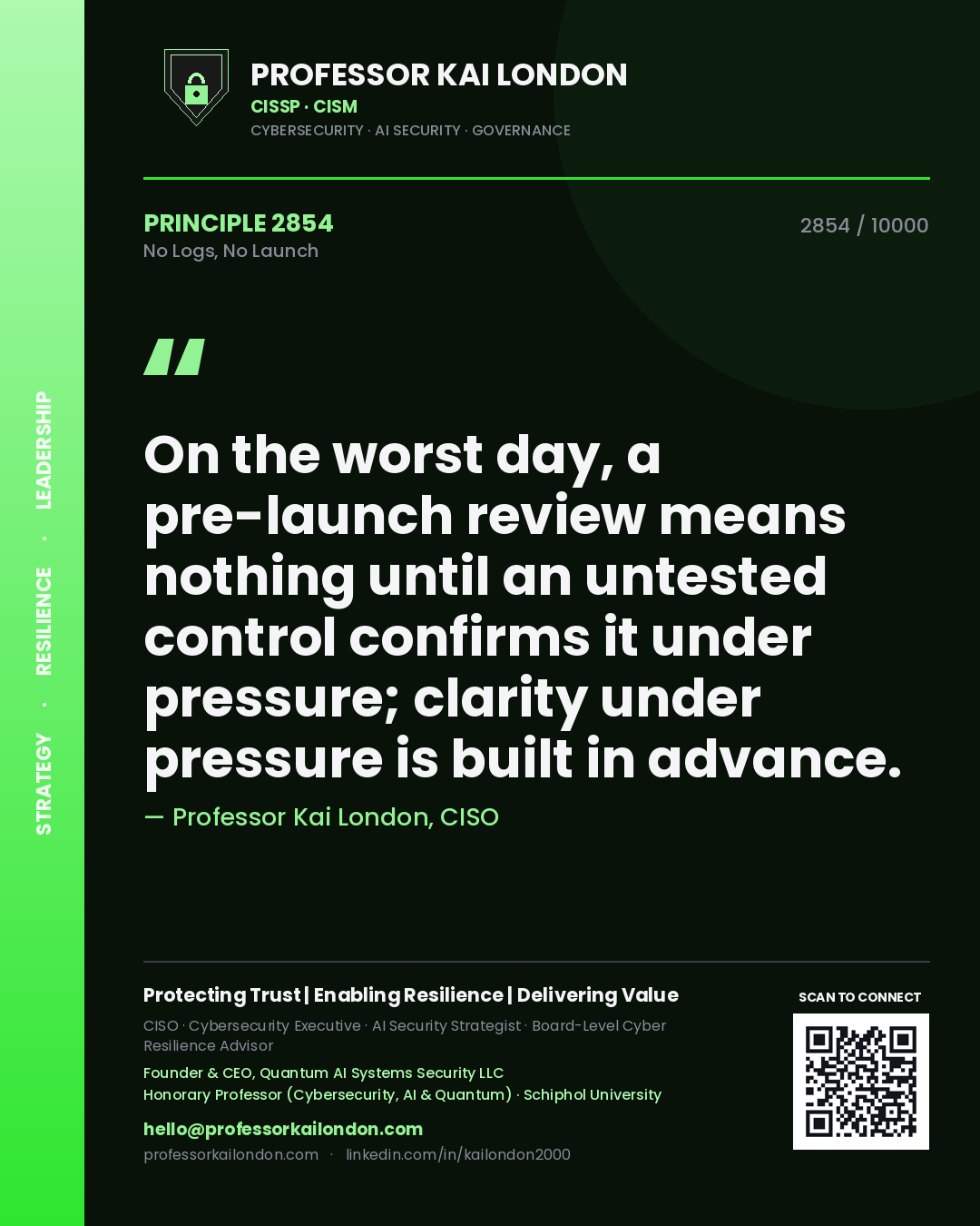 Professor Kai London principle 2854: On the worst day, a pre-launch review means nothing until an untested control confirms it under pressure; clarity under pressure is built in advance.
