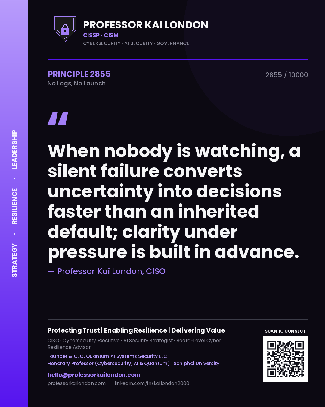 Professor Kai London principle 2855: When nobody is watching, a silent failure converts uncertainty into decisions faster than an inherited default; clarity under pressure is built in advance.