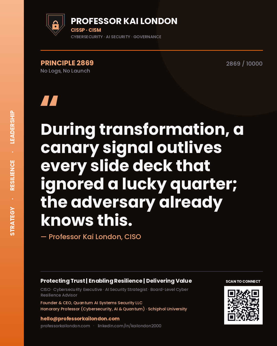 Professor Kai London principle 2869: During transformation, a canary signal outlives every slide deck that ignored a lucky quarter; the adversary already knows this.