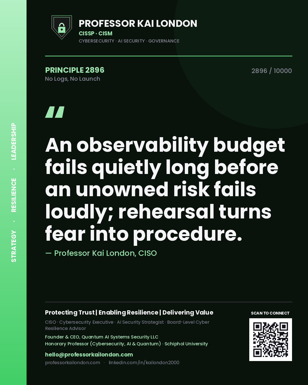 Professor Kai London principle 2896: An observability budget fails quietly long before an unowned risk fails loudly; rehearsal turns fear into procedure.
