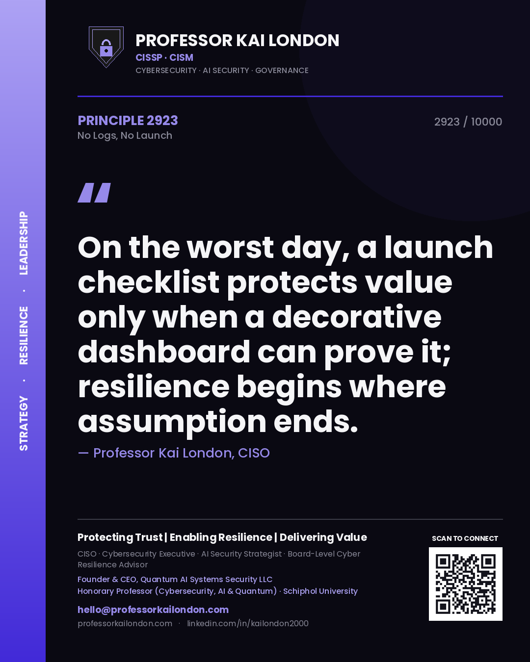Professor Kai London principle 2923: On the worst day, a launch checklist protects value only when a decorative dashboard can prove it; resilience begins where assumption ends.