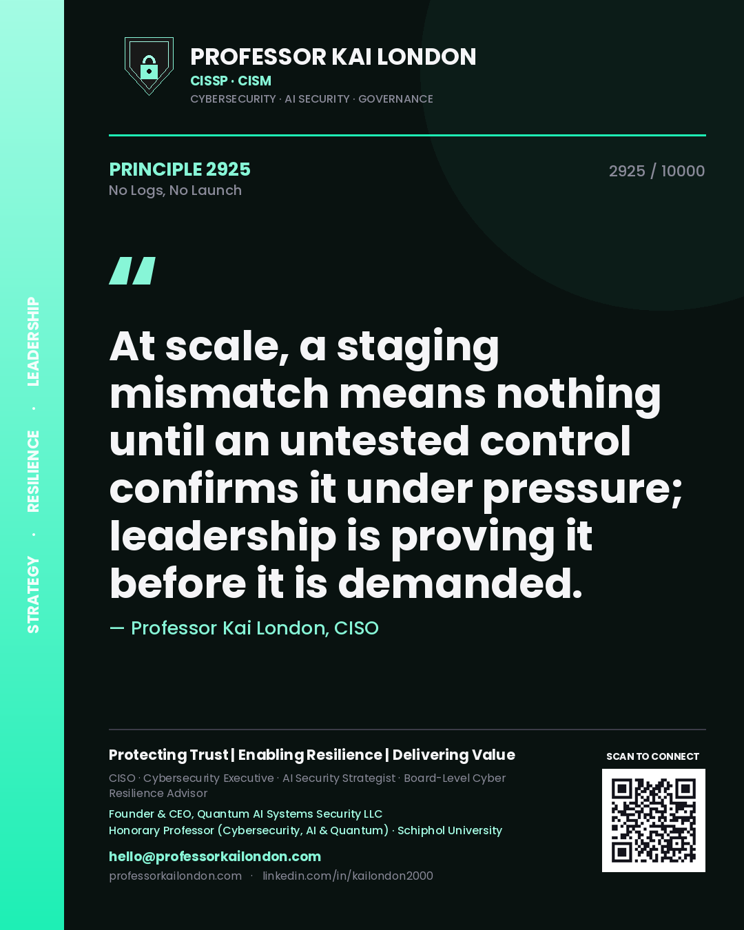 Professor Kai London principle 2925: At scale, a staging mismatch means nothing until an untested control confirms it under pressure; leadership is proving it before it is demanded.