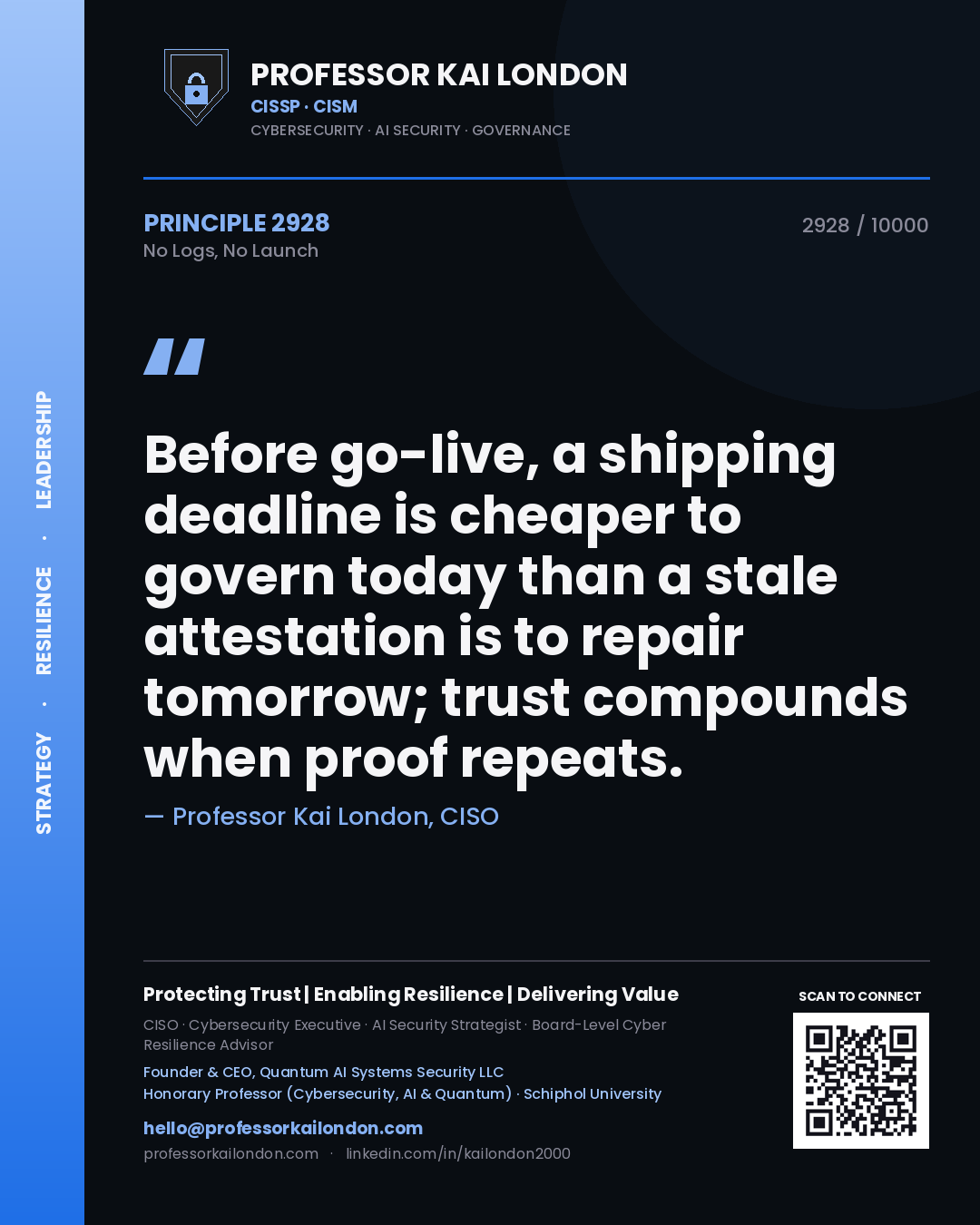 Professor Kai London principle 2928: Before go-live, a shipping deadline is cheaper to govern today than a stale attestation is to repair tomorrow; trust compounds when proof repeats.