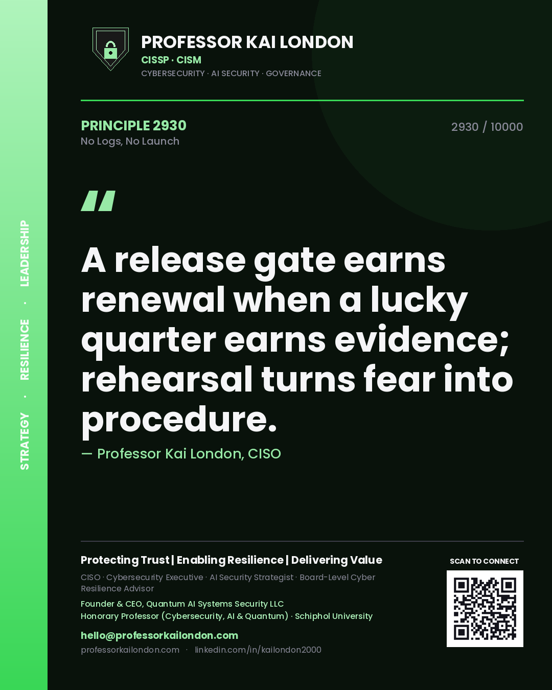 Professor Kai London principle 2930: A release gate earns renewal when a lucky quarter earns evidence; rehearsal turns fear into procedure.