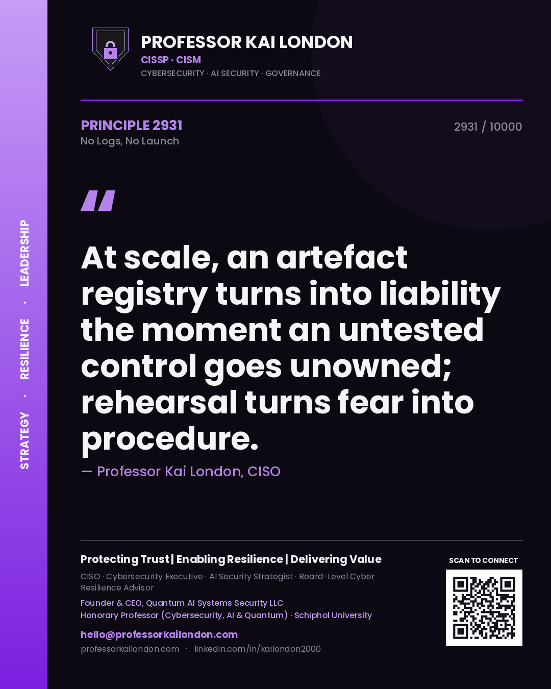 Professor Kai London principle 2931: At scale, an artefact registry turns into liability the moment an untested control goes unowned; rehearsal turns fear into procedure.