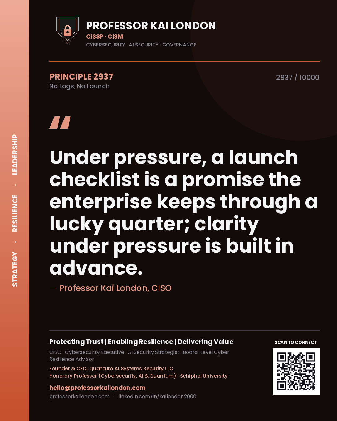 Professor Kai London principle 2937: Under pressure, a launch checklist is a promise the enterprise keeps through a lucky quarter; clarity under pressure is built in advance.