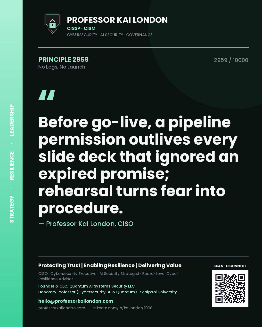 Professor Kai London principle 2959: Before go-live, a pipeline permission outlives every slide deck that ignored an expired promise; rehearsal turns fear into procedure.