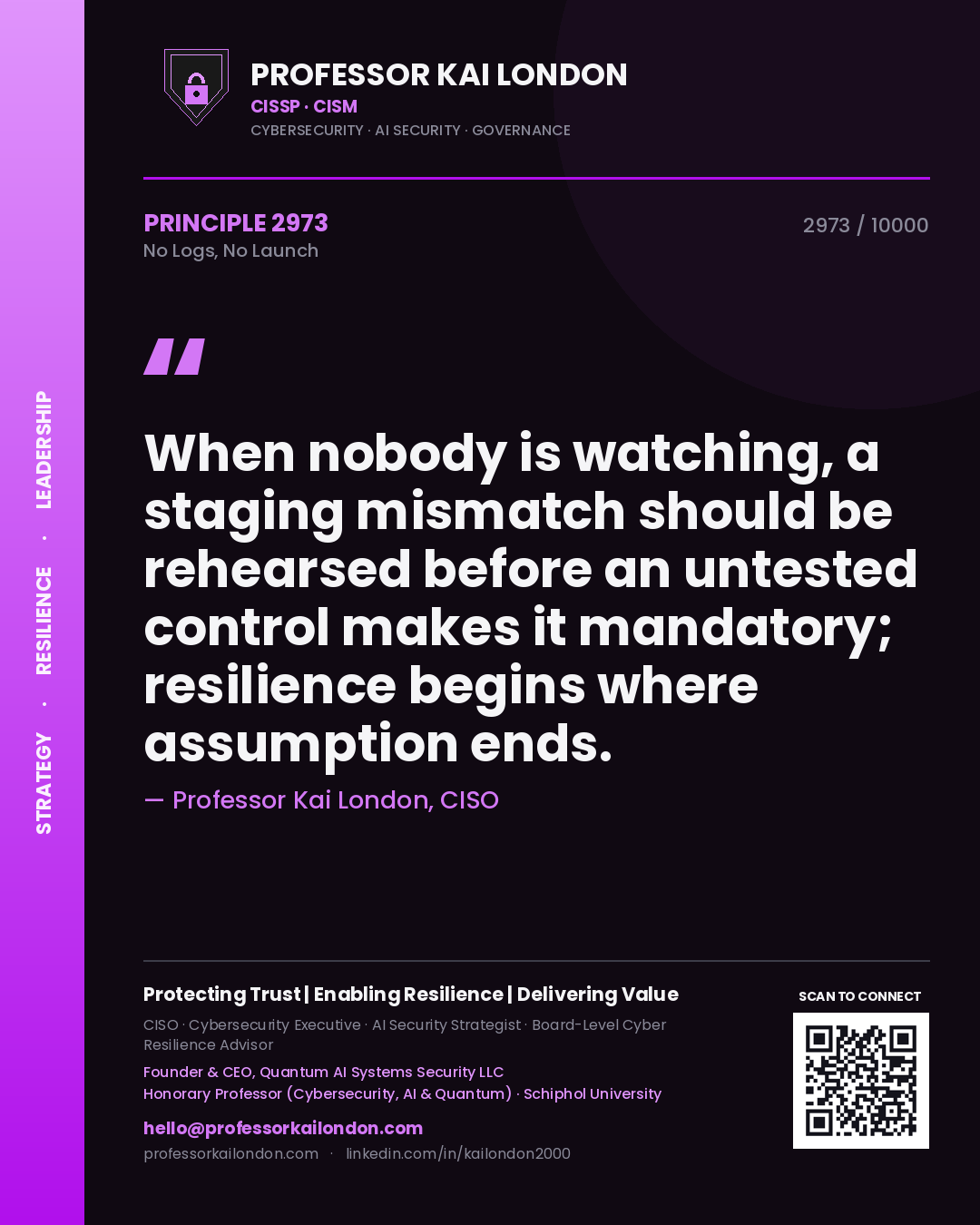 Professor Kai London principle 2973: When nobody is watching, a staging mismatch should be rehearsed before an untested control makes it mandatory; resilience begins where assumption ends.