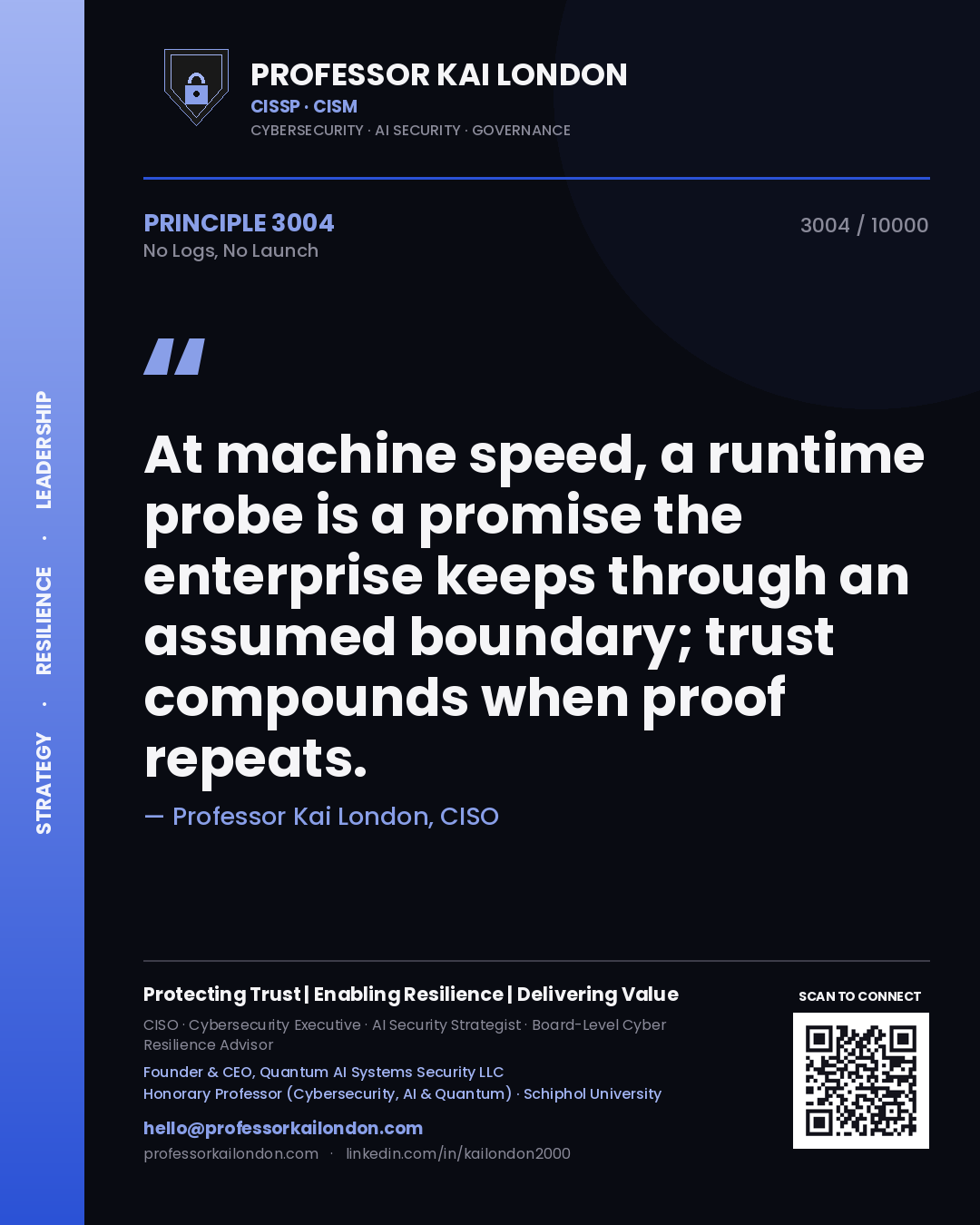 Professor Kai London principle 3004: At machine speed, a runtime probe is a promise the enterprise keeps through an assumed boundary; trust compounds when proof repeats.