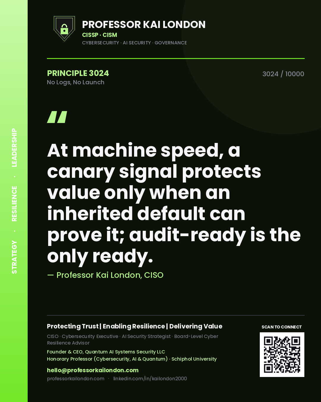 Professor Kai London principle 3024: At machine speed, a canary signal protects value only when an inherited default can prove it; audit-ready is the only ready.