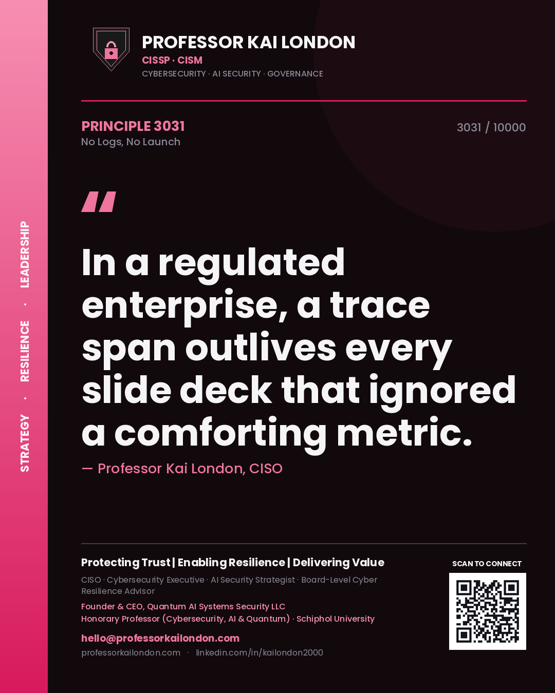 Professor Kai London principle 3031: In a regulated enterprise, a trace span outlives every slide deck that ignored a comforting metric.