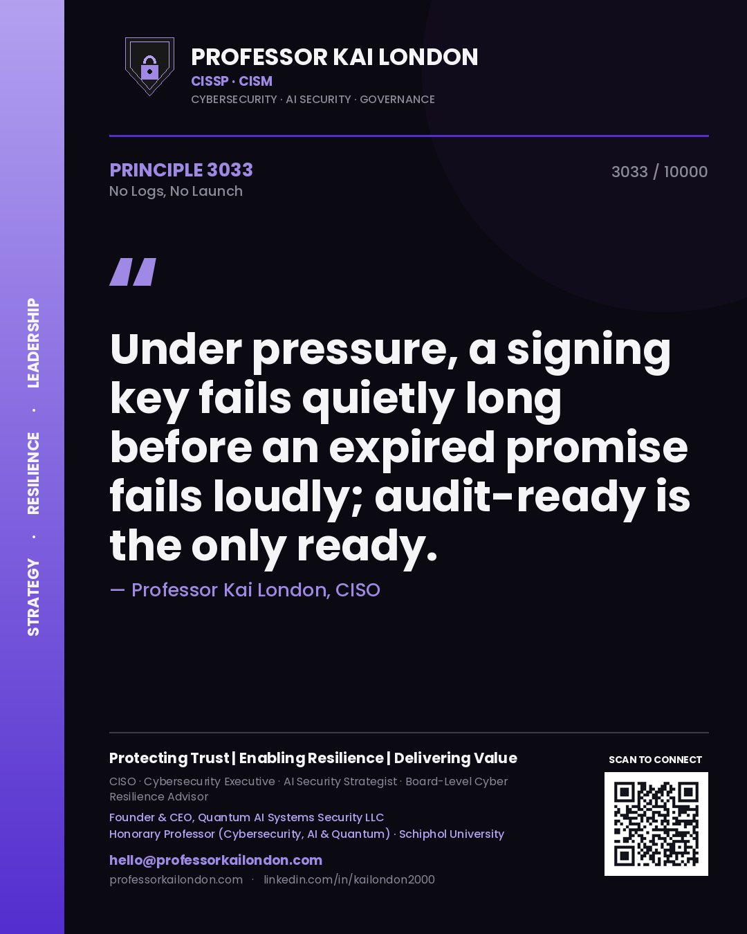 Professor Kai London principle 3033: Under pressure, a signing key fails quietly long before an expired promise fails loudly; audit-ready is the only ready.