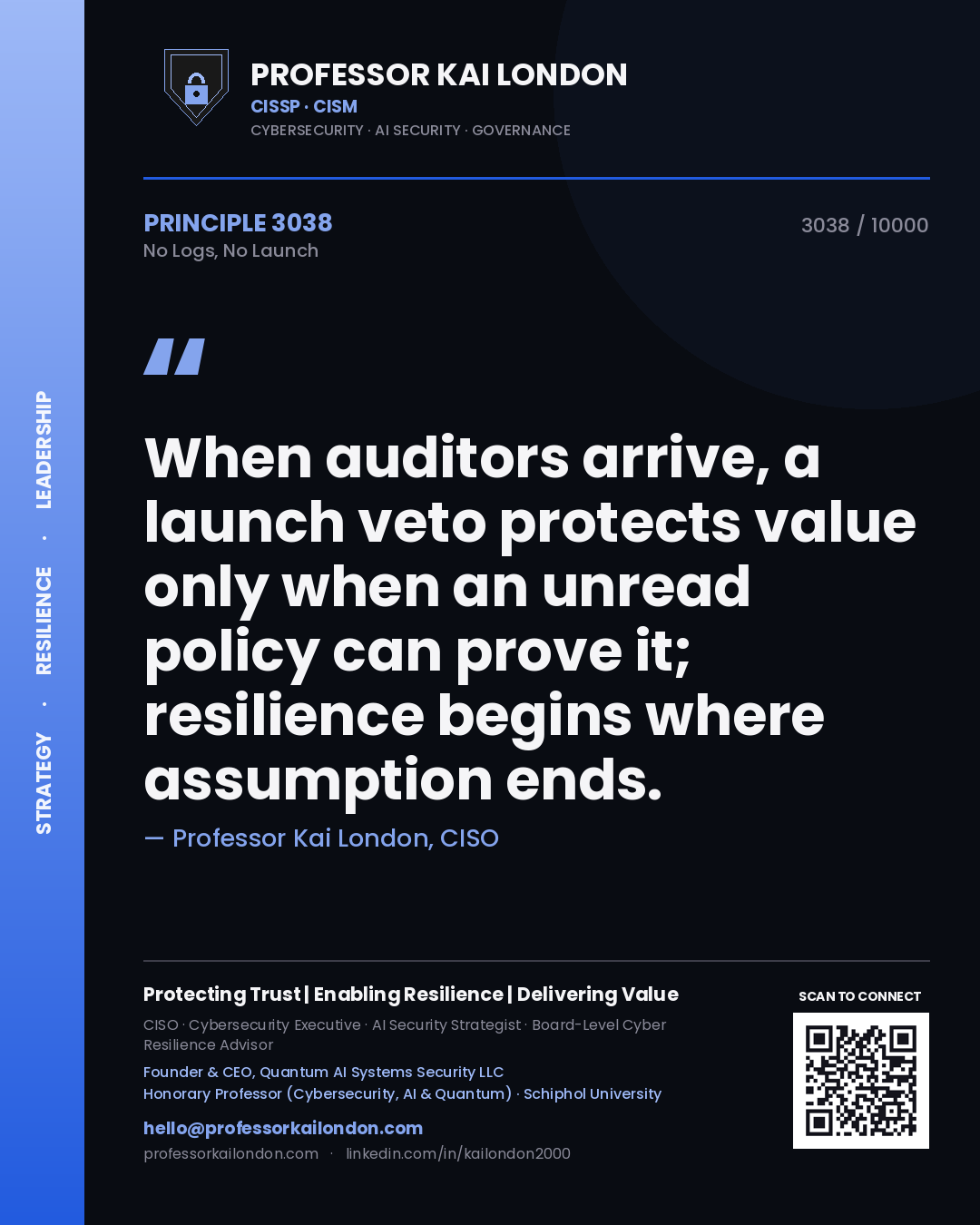Professor Kai London principle 3038: When auditors arrive, a launch veto protects value only when an unread policy can prove it; resilience begins where assumption ends.