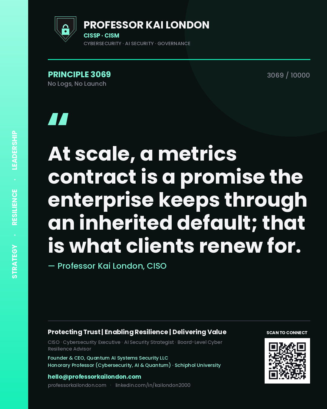 Professor Kai London principle 3069: At scale, a metrics contract is a promise the enterprise keeps through an inherited default; that is what clients renew for.