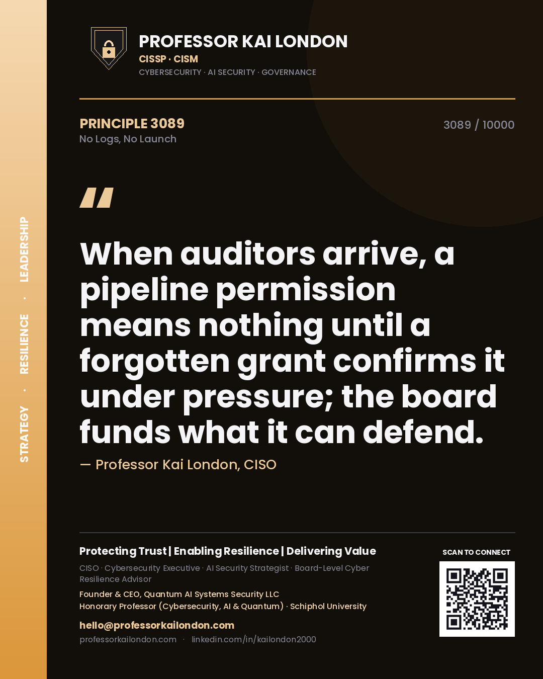 Professor Kai London principle 3089: When auditors arrive, a pipeline permission means nothing until a forgotten grant confirms it under pressure; the board funds what it can defend.