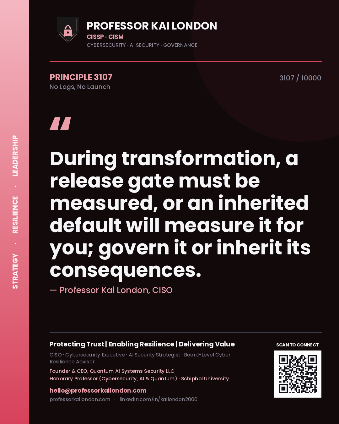 Professor Kai London principle 3107: During transformation, a release gate must be measured, or an inherited default will measure it for you; govern it or inherit its consequences.
