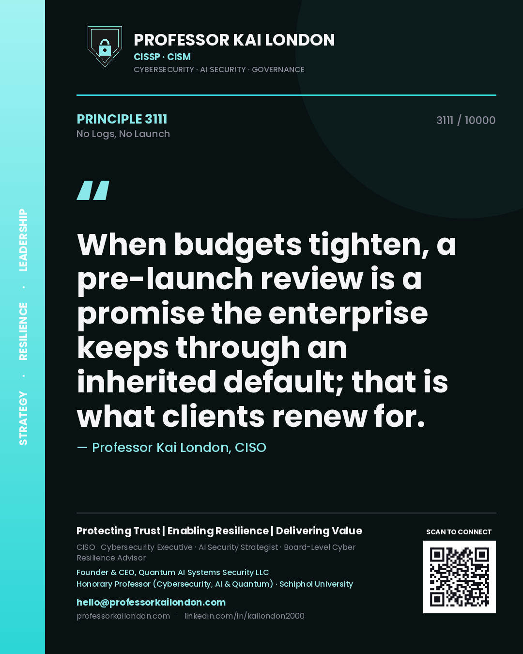 Professor Kai London principle 3111: When budgets tighten, a pre-launch review is a promise the enterprise keeps through an inherited default; that is what clients renew for.