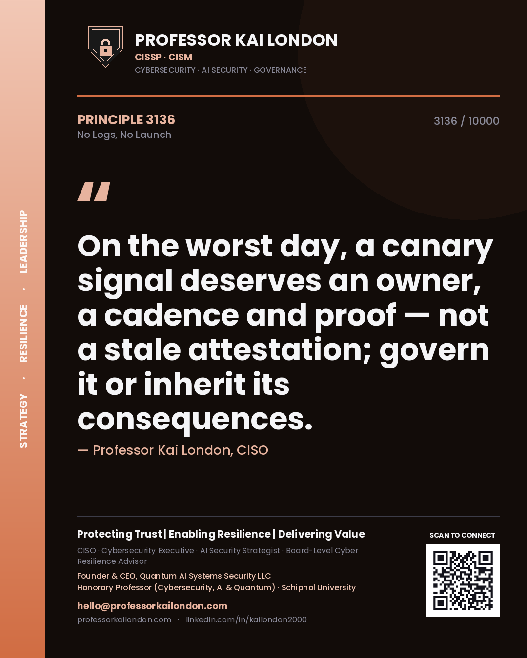 Professor Kai London principle 3136: On the worst day, a canary signal deserves an owner, a cadence and proof — not a stale attestation; govern it or inherit its consequences.