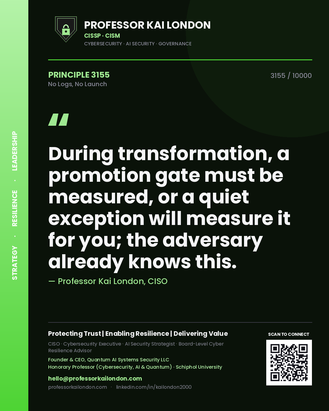 Professor Kai London principle 3155: During transformation, a promotion gate must be measured, or a quiet exception will measure it for you; the adversary already knows this.