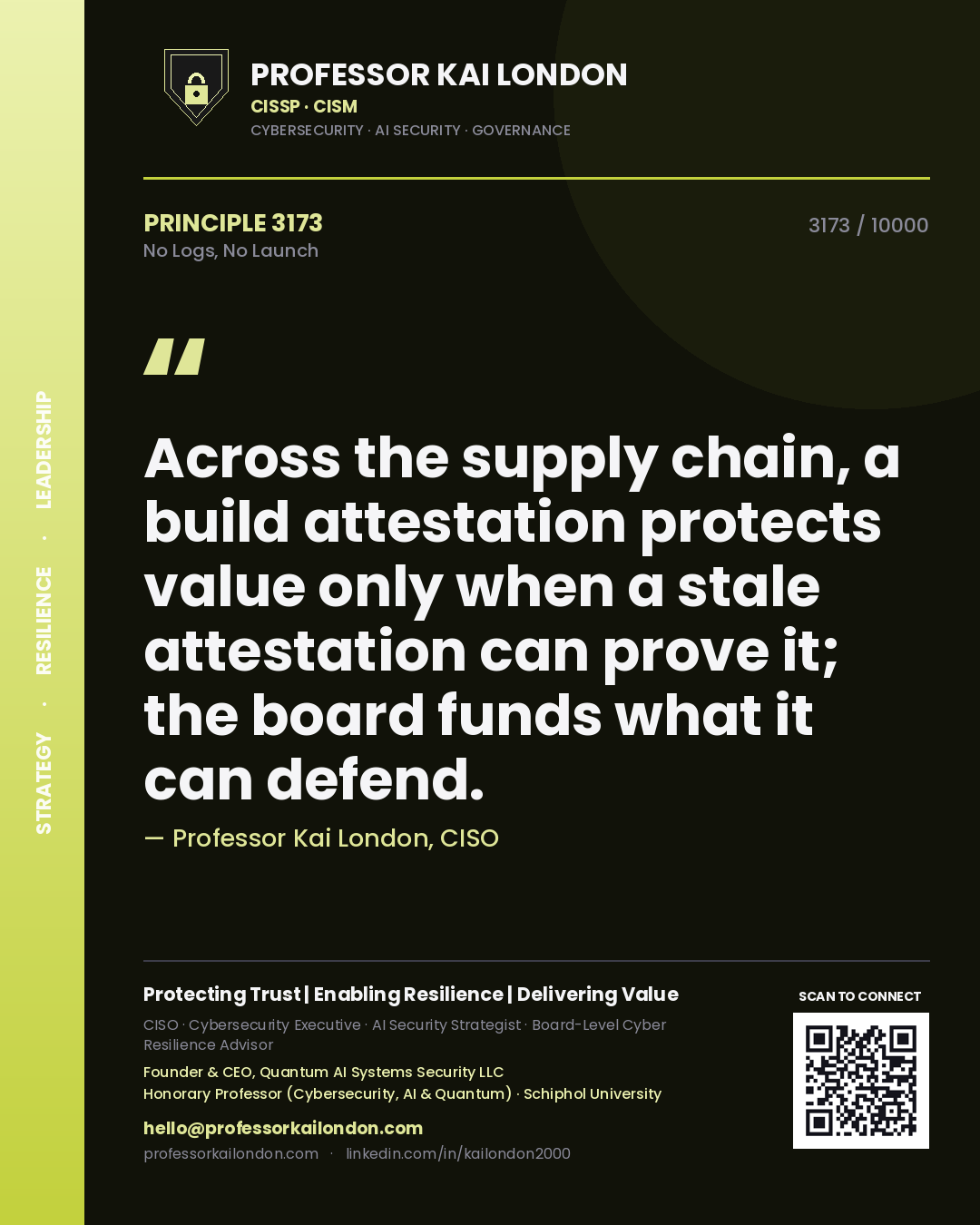 Professor Kai London principle 3173: Across the supply chain, a build attestation protects value only when a stale attestation can prove it; the board funds what it can defend.