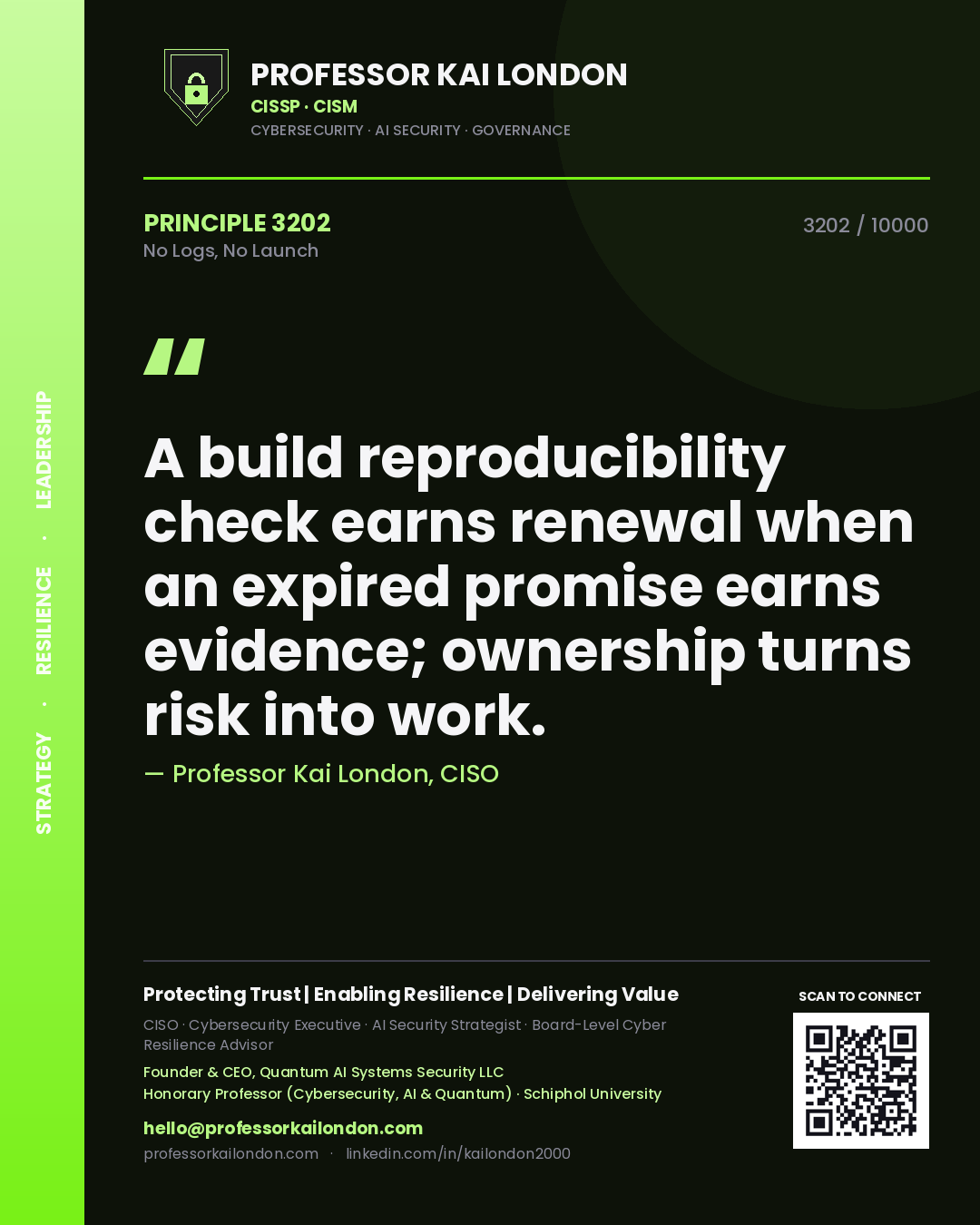 Professor Kai London principle 3202: A build reproducibility check earns renewal when an expired promise earns evidence; ownership turns risk into work.