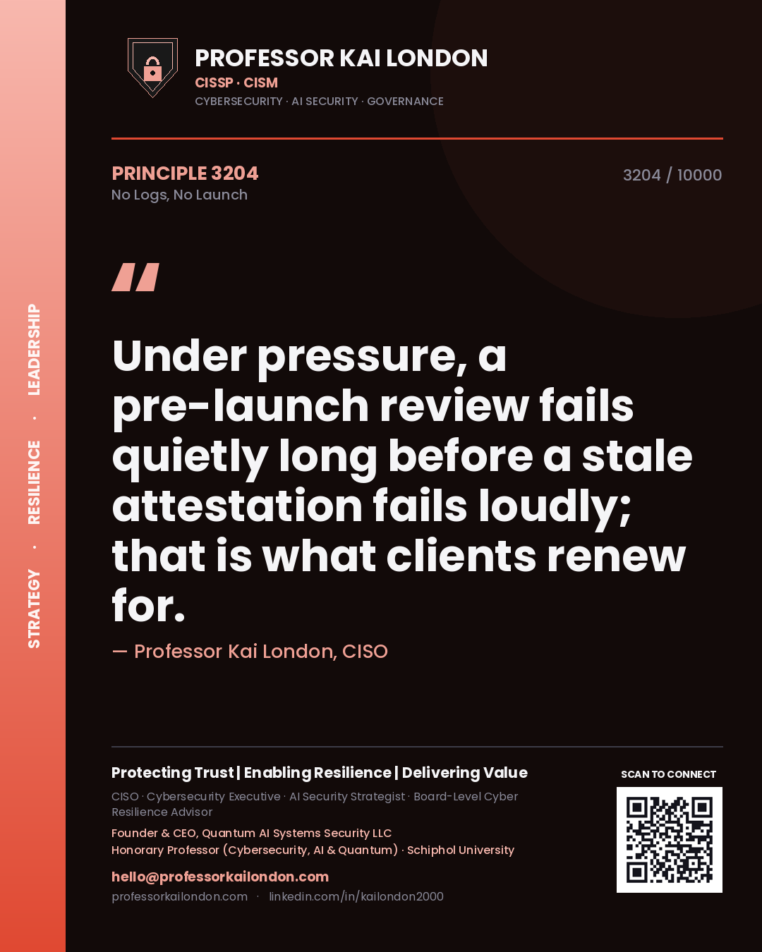 Professor Kai London principle 3204: Under pressure, a pre-launch review fails quietly long before a stale attestation fails loudly; that is what clients renew for.