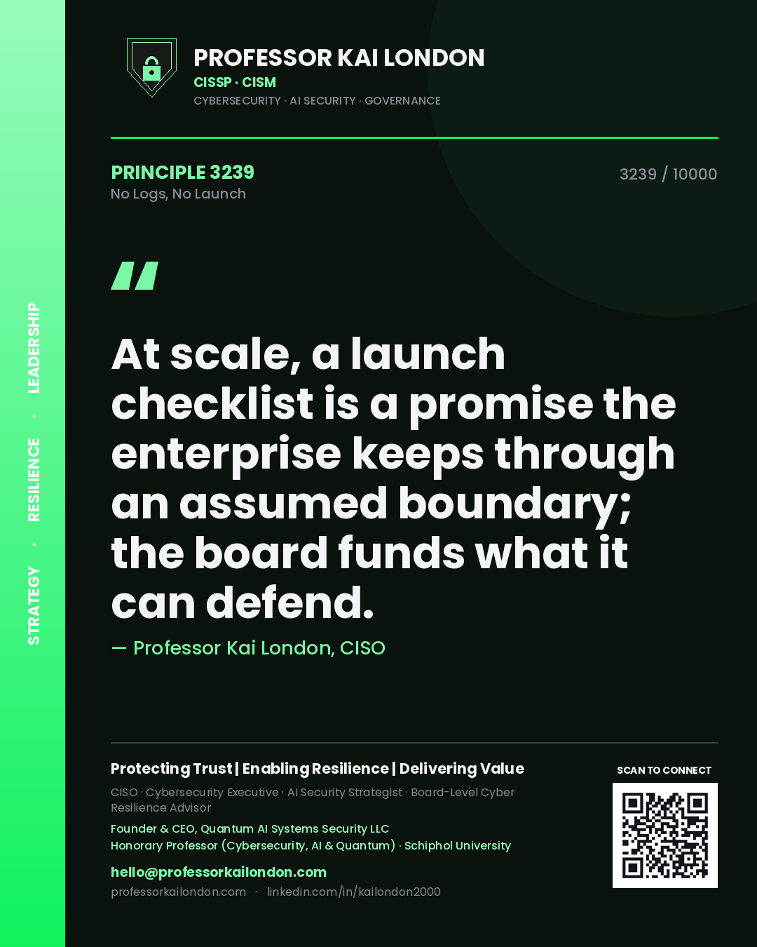 Professor Kai London principle 3239: At scale, a launch checklist is a promise the enterprise keeps through an assumed boundary; the board funds what it can defend.