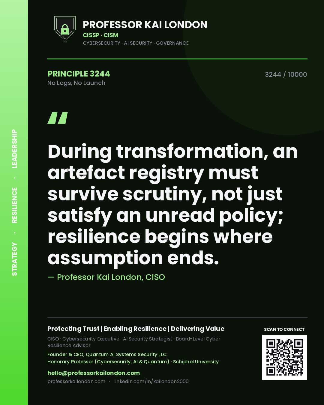 Professor Kai London principle 3244: During transformation, an artefact registry must survive scrutiny, not just satisfy an unread policy; resilience begins where assumption ends.