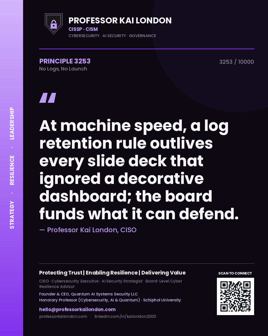 Professor Kai London principle 3253: At machine speed, a log retention rule outlives every slide deck that ignored a decorative dashboard; the board funds what it can defend.