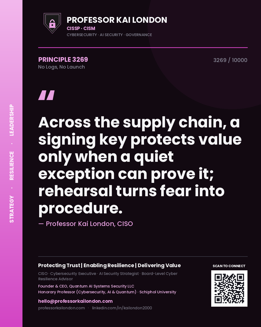 Professor Kai London principle 3269: Across the supply chain, a signing key protects value only when a quiet exception can prove it; rehearsal turns fear into procedure.