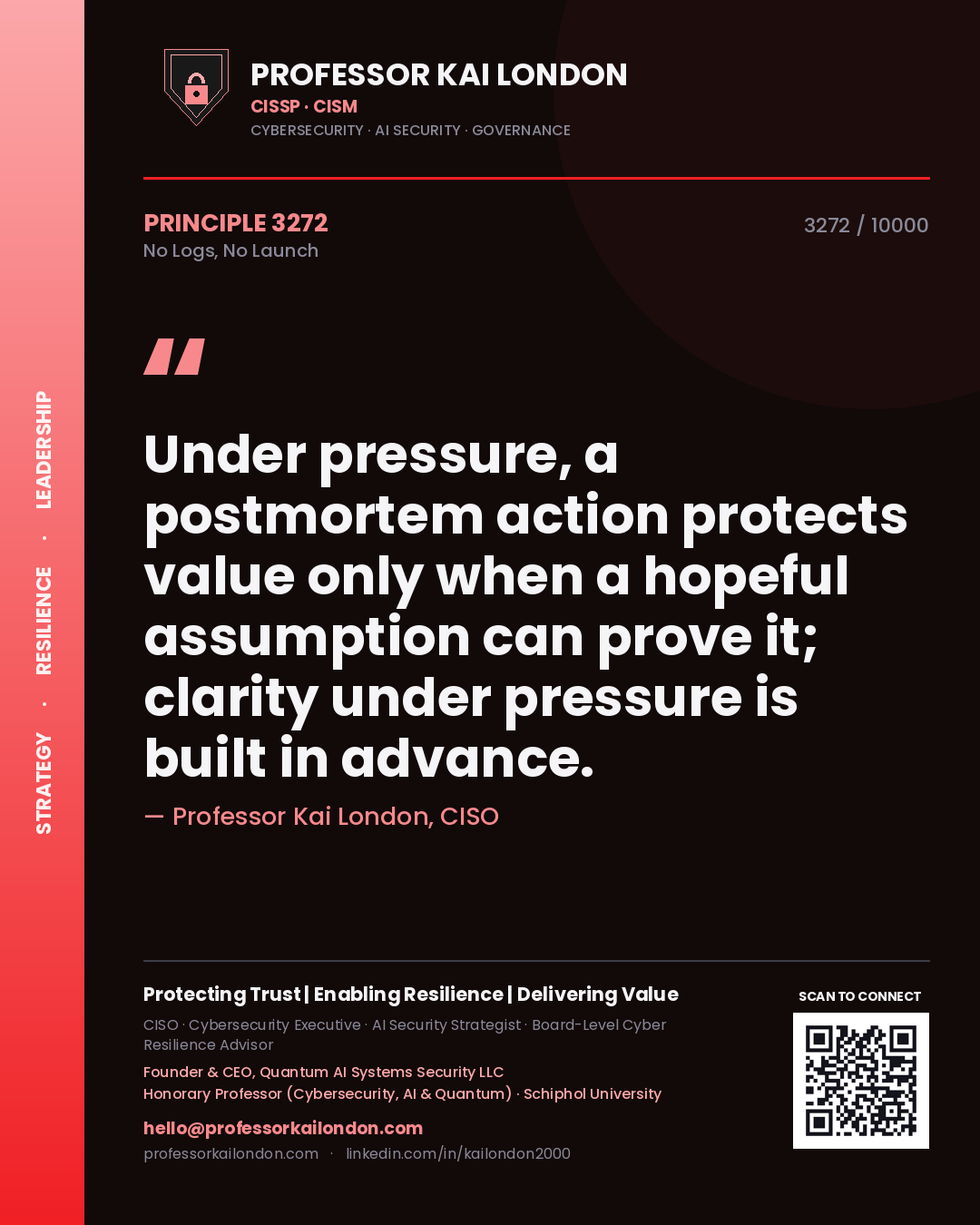 Professor Kai London principle 3272: Under pressure, a postmortem action protects value only when a hopeful assumption can prove it; clarity under pressure is built in advance.
