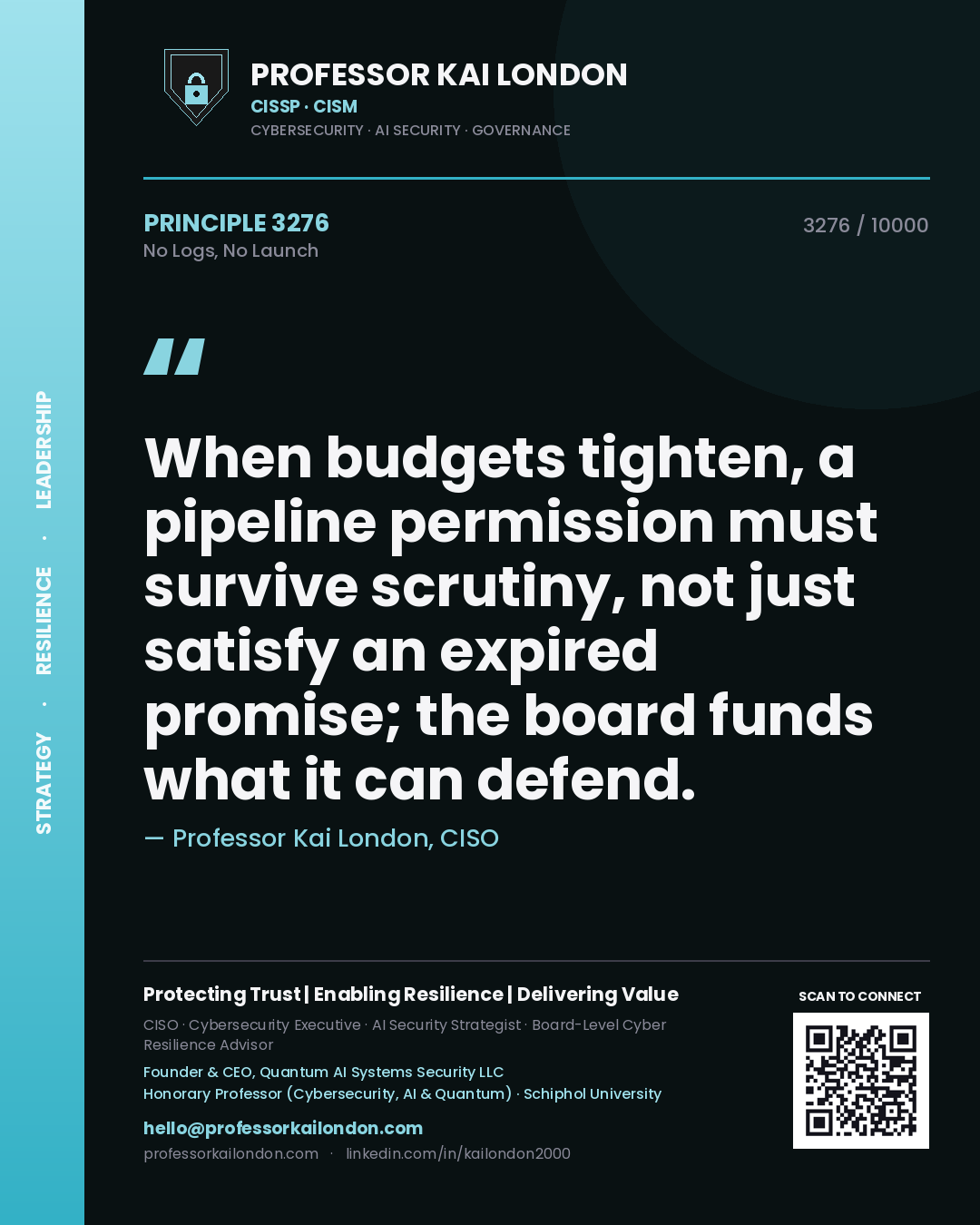 Professor Kai London principle 3276: When budgets tighten, a pipeline permission must survive scrutiny, not just satisfy an expired promise; the board funds what it can defend.
