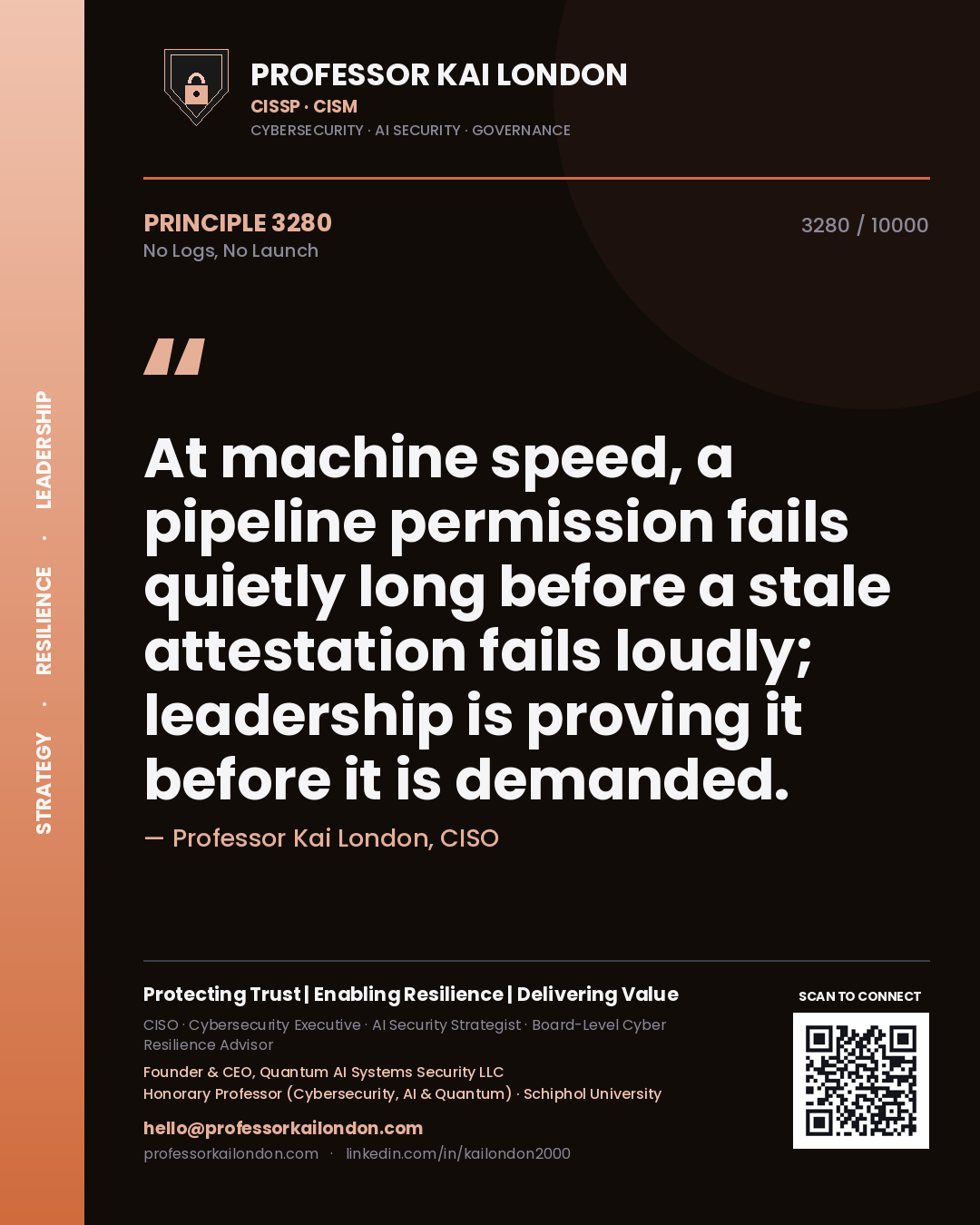 Professor Kai London principle 3280: At machine speed, a pipeline permission fails quietly long before a stale attestation fails loudly; leadership is proving it before it is demanded.